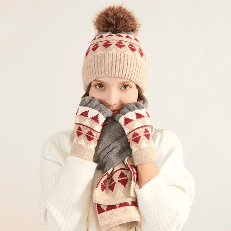 

Hat Scarf And Glove Set For Women Winter Warm Soft Knitted Pompom Beanie Female Casual Solid Cashmere Scarf Suit Outdoor Skullis