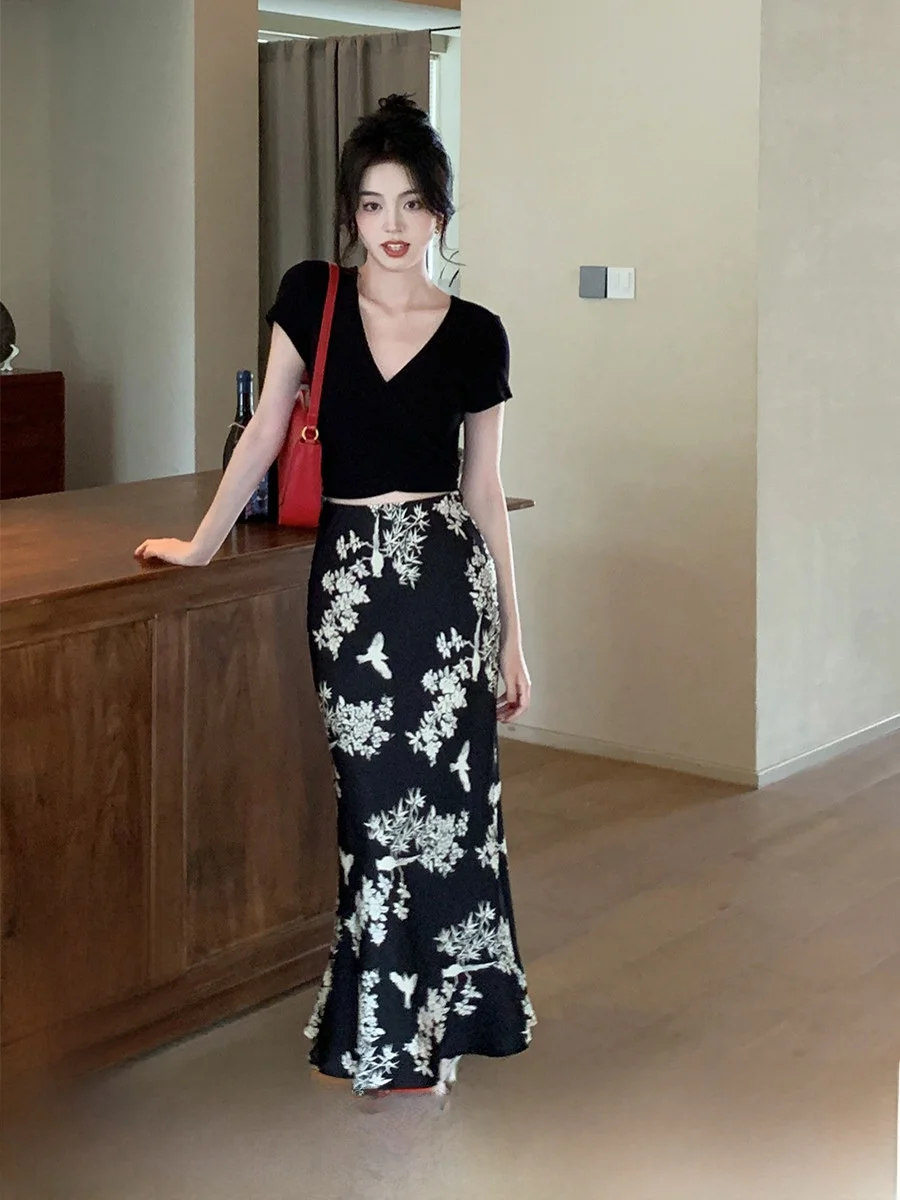 

Элегантная юбка миди с высокой талией, цветочным принтом, универсальная, стройнящая, длинная, романтичная, стильная, для молодых женщин, летняя мода