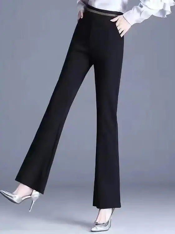 High Waist Casual Black Elastic Women's Wide Leg Pants Slimming Straight Leg Trousers Fashionable Versatile Loose Fit Knitted