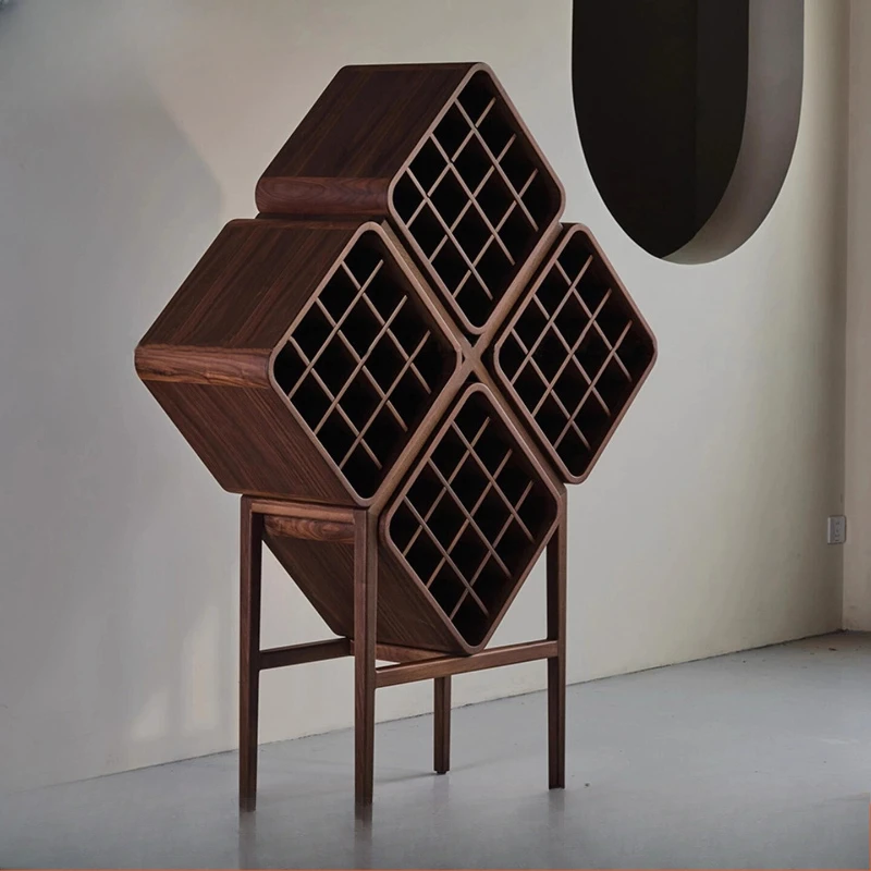 

New Chinese black walnut wine rack high-end rhombus shelf household living room solid wood wine cabinet display rack