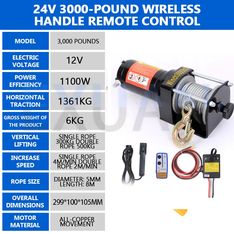 

3000LBS Car Mounted Electric Winch Hoist 12V/24V Off-road Vehicle Self Rescue Lifting Winch Small Crane Wireless Electric Hoist