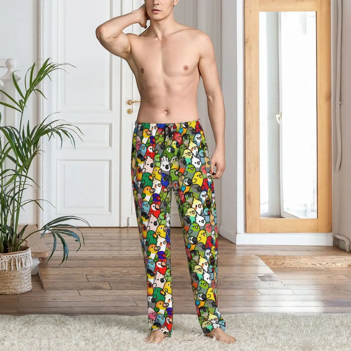 Celana Piyama Pria Motif Burung Beo Custom Print Macaw Squad Sleepwear Sleep Lounge Bottoms dengan Kantong