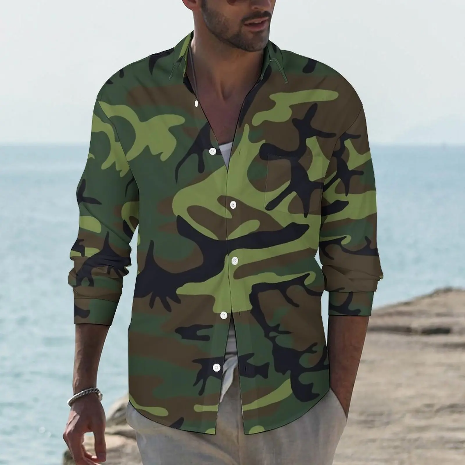 Camo A-Line Dress Y2K Casual Shirt Men  Shirt Spring Retro Blouses Long Sleeve Custom Oversize Top