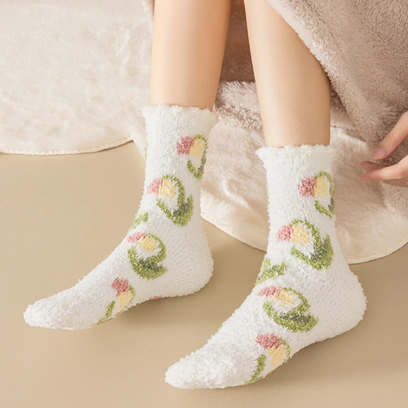 Autumn Winter Coral Velvet Keep Warm Socks Cute Tulip Flower Print Home Sleep Sock Creative Floral Thick Floor Sock Sweet Soxs