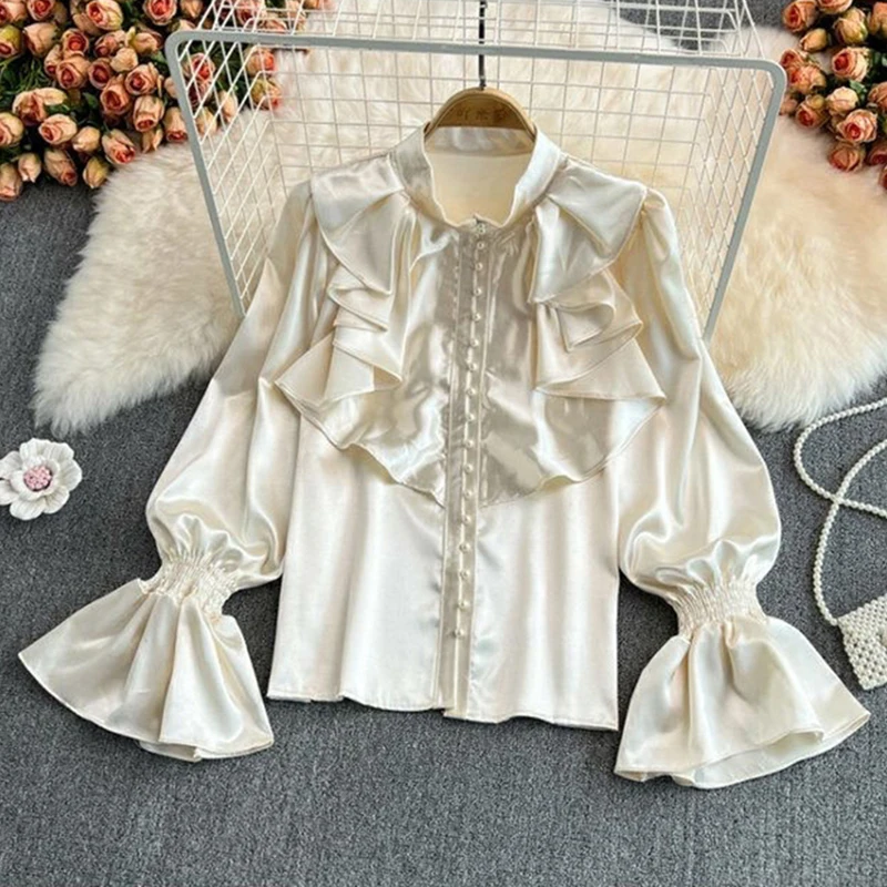 Vintage Satin White Shirts Women Elegant Ruffles Flare Long Sleeve Blouses Office Ladies Korean Black Casual All Match Tops New