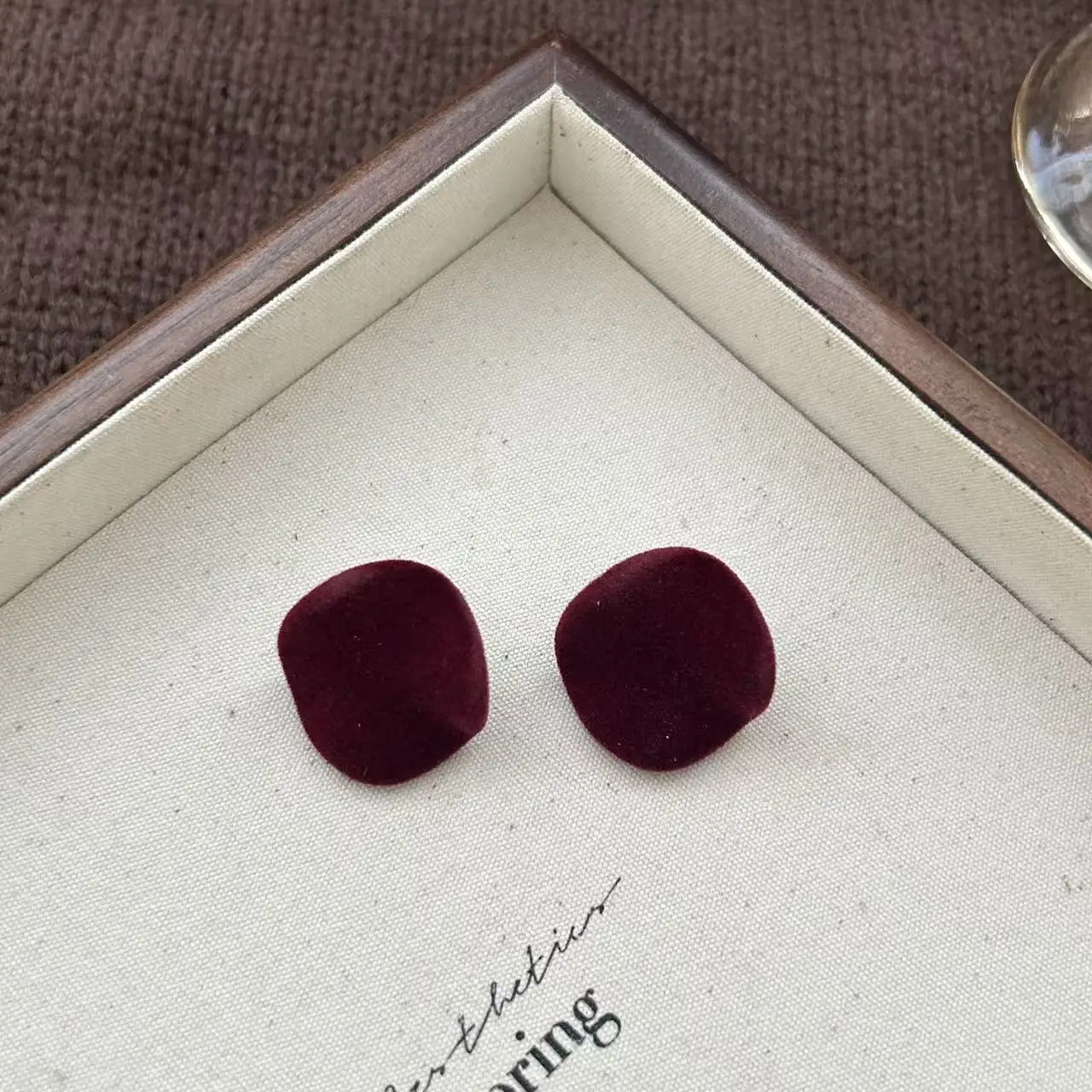 Burgundy Flocking Silver Needle Earrings Women's Retro Hong Kong Style Temperament Premium Earrings Autumn and Winter Light Luxu