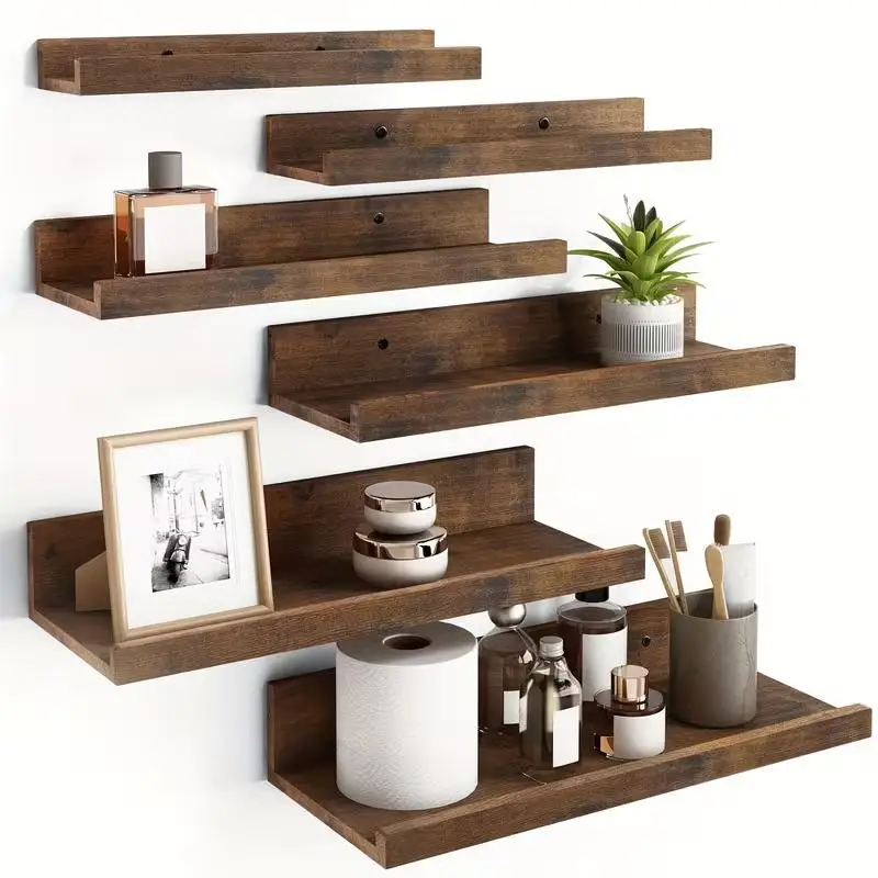 6Pcs Solid Wood Floating Shelves Wall Mounted Different Sizes Heavy Duty Wooden Storage Shelf Set Space Saving Display Organizer Home Decor for Bedroom Bathroom Kitchen