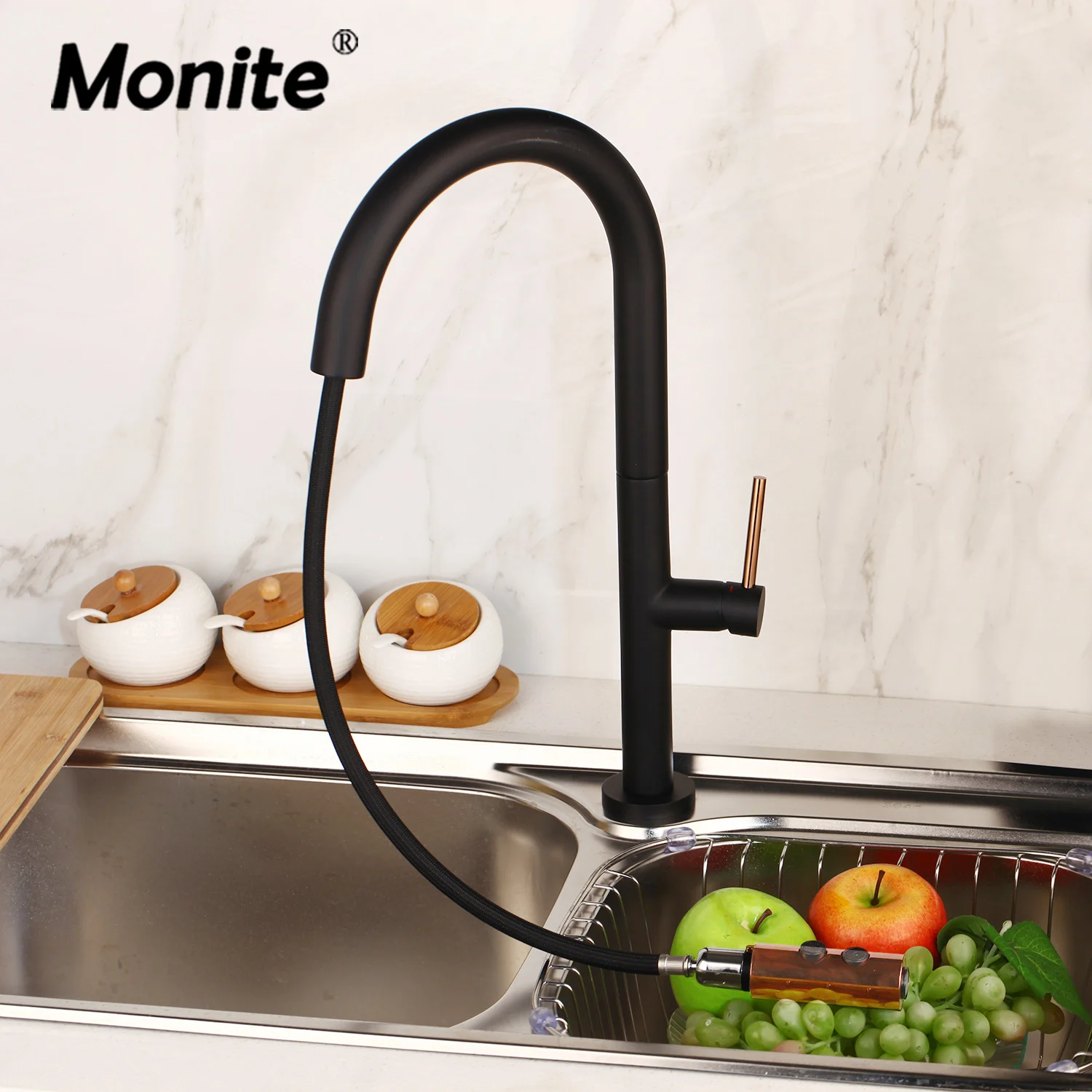 

Monite Black Painiting 360 Swivel Pull Out 2 Ways Spray Solid Brass Kitchen Basin Sink Faucet Kitchen Water Mixer Taps Faucets