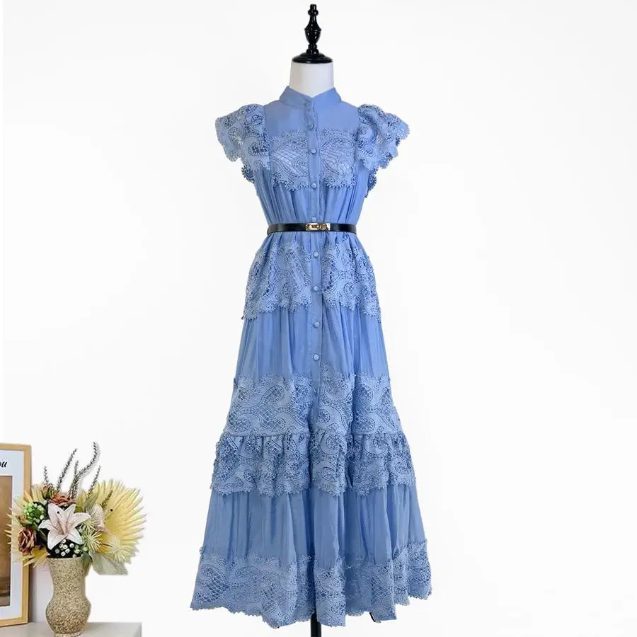 2025 painel de renda vestido de pescoço alto feminino botão até vestido em camadas de luxo feminino elegante dress-GZMM276