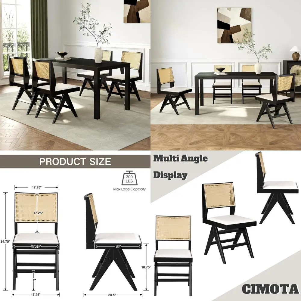 Set di 4 sedie da pranzo moderne in rattan della metà del secolo, sedie da cucina imbottite con schienale in canna intrecciata per sala da pranzo