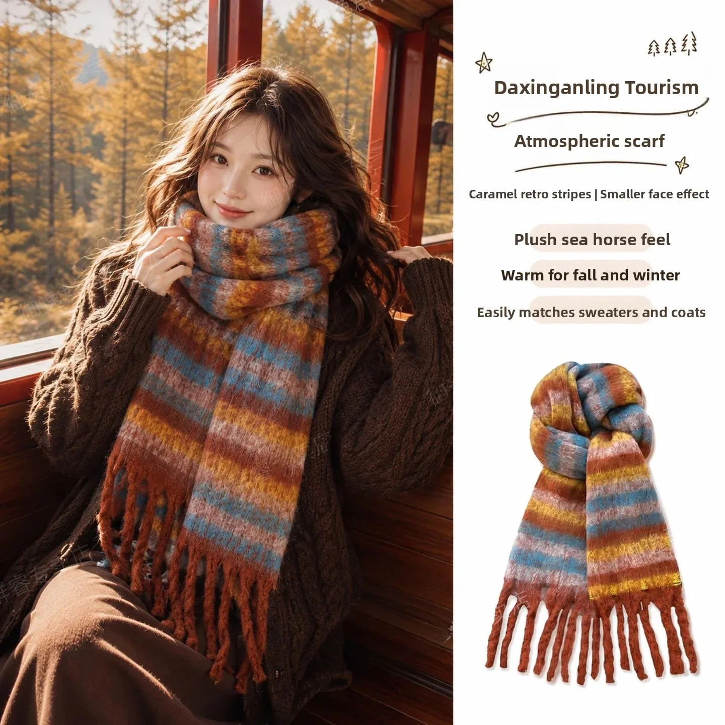 Thickened Autumn Scenic Area Travel Scarf Women's Fashion Accessories Shawl Warm Casual Style Long Rectangle Shape Scarf