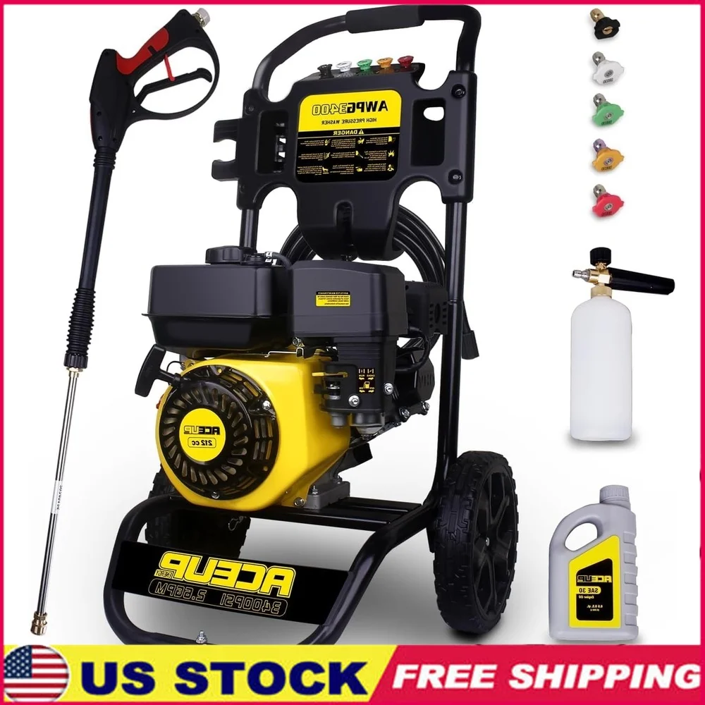 

3400 PSI Gas Pressure Washer 212CC 6 GPM Total Stop System Foam Cannon 5 Quick Connect Nozzle Tips High Pressure Hose