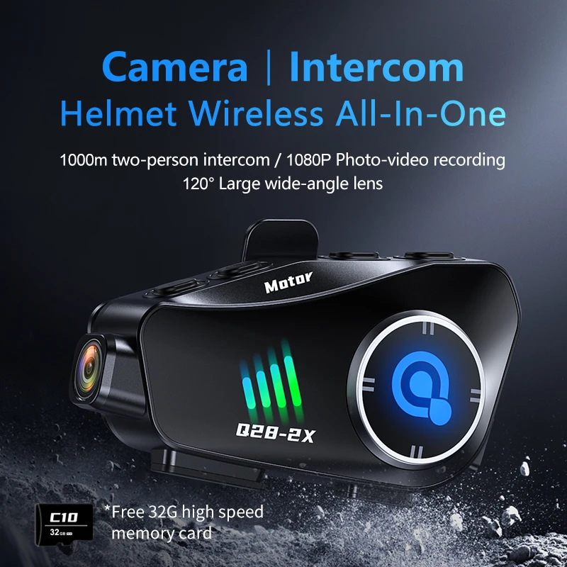 Q28-2X Motorcycle Helmet Bluetooth Intercom Waterproof Headset with 1080P Hd Driving Recorder Wireless Camera Moto Interphone