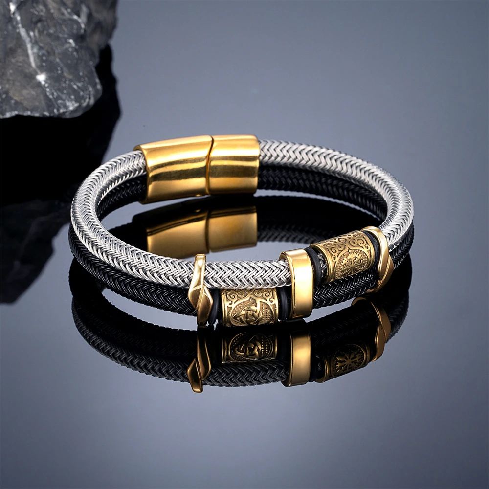 Vikings Runes Double-Layer Unfading Wire Rope Bracelets Men Norse Gold Color Stainless Steel Wristband Luxu Male_maomaolike.com