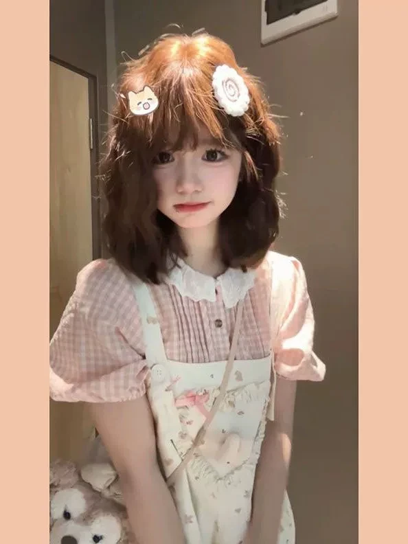 

Cute Spring Season Women's Plaid Shirt And Overalls Knot Two-Piece Set Short Sleeve Flip-Collar A-Line Outfit