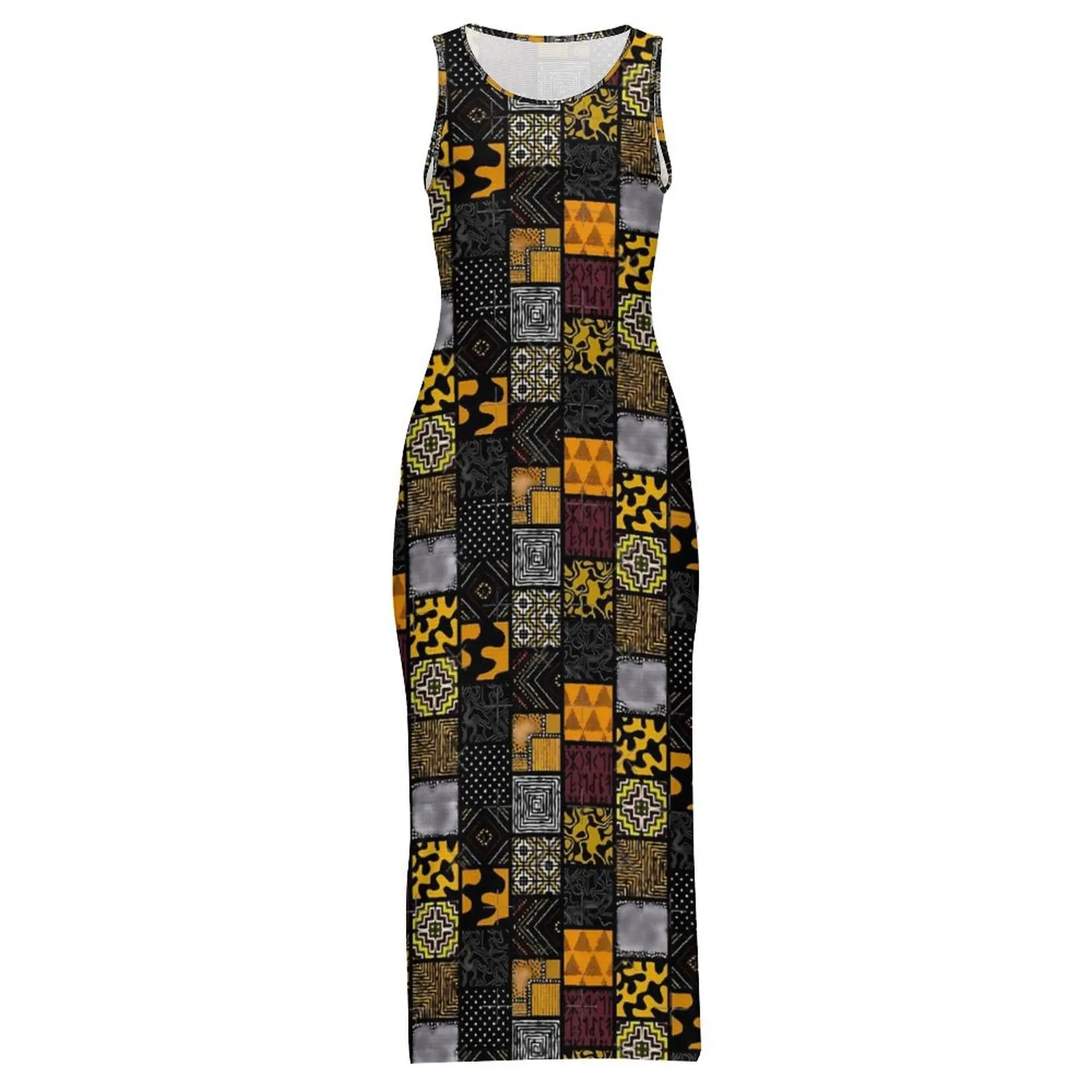 Women Afro Patchwork Print Dress Retro Plaid Streetwear Bodycon Dress Summer Sleeveless Modern Maxi Dresses Graphic Vestido