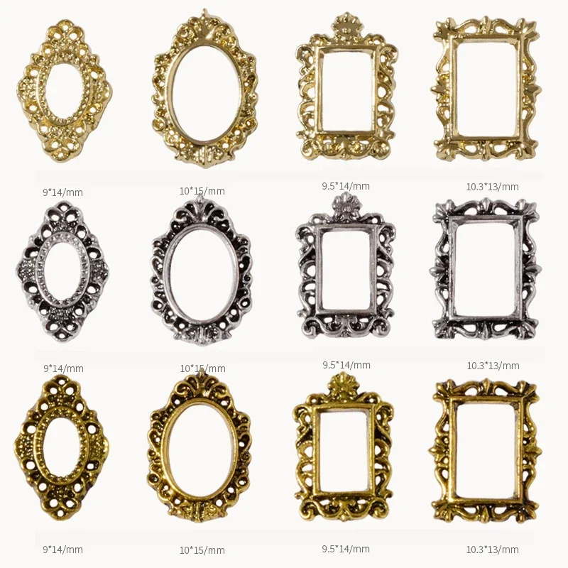 Retro Gold Metall 3D Charm Fotorahmen Set mit Legierung Ohrstecker Nail Art Maniküre Schmuck Zubehör Kit – 5 Stück