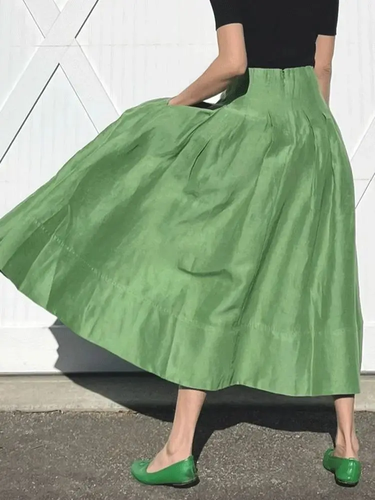 Faldas Mujer Moda Retro Temperament Green High Waist Slim Big Umbrella Skirts Pocket Women Pleated Long Casual Jupe