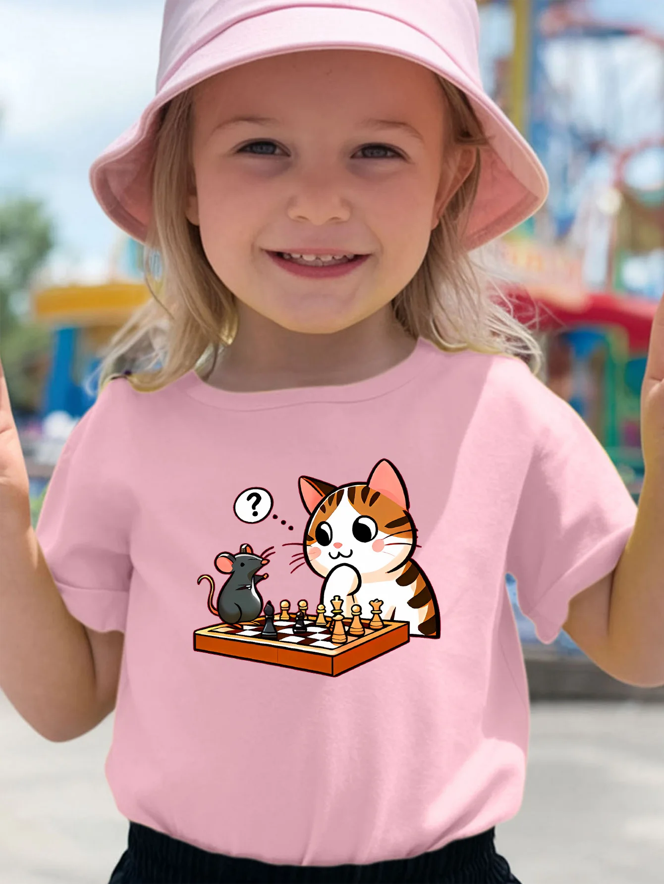 Cute Cat And Mouse Playing Chess Cartoon Print Kids T Shirt Boys Girls Short Sleeve Crew Neck Cotton Parent Tops Toddler Youth
