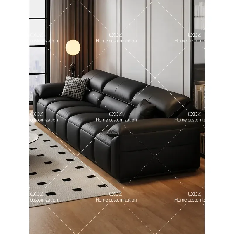 Minimalist Black Leather Sofa Modern Simple First Layer Cowhide Straight Row Couch for Small Apartment Living Room Furniture