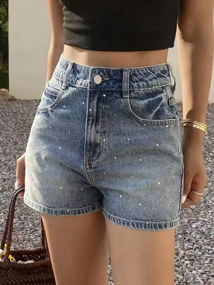 

Retro High-Waisted Rhinestone-Detailed Denim Shorts