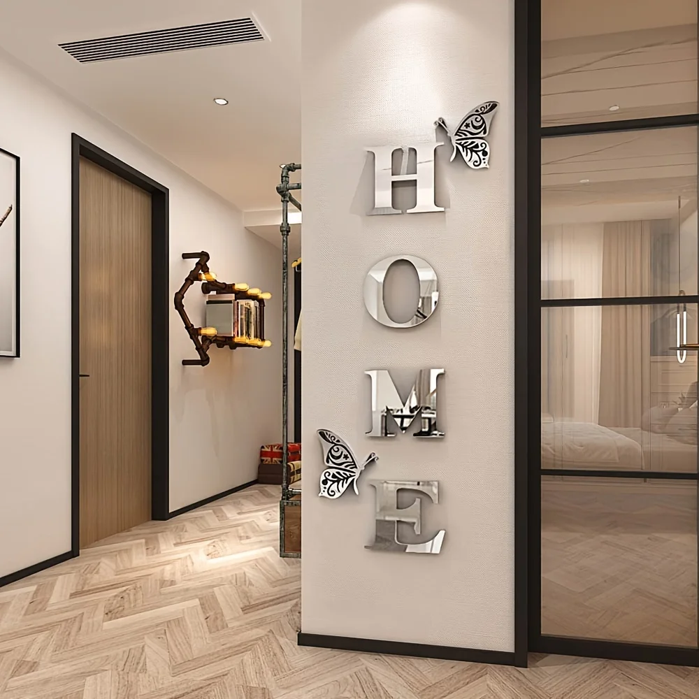 Autocollant mural en acrylique avec deux papillons, décoration de miroir avec lettres de maison, 1 ensemble/6 pièces, autocollant de fond d'entrée de salon, 1 ensemble/6 pièces
