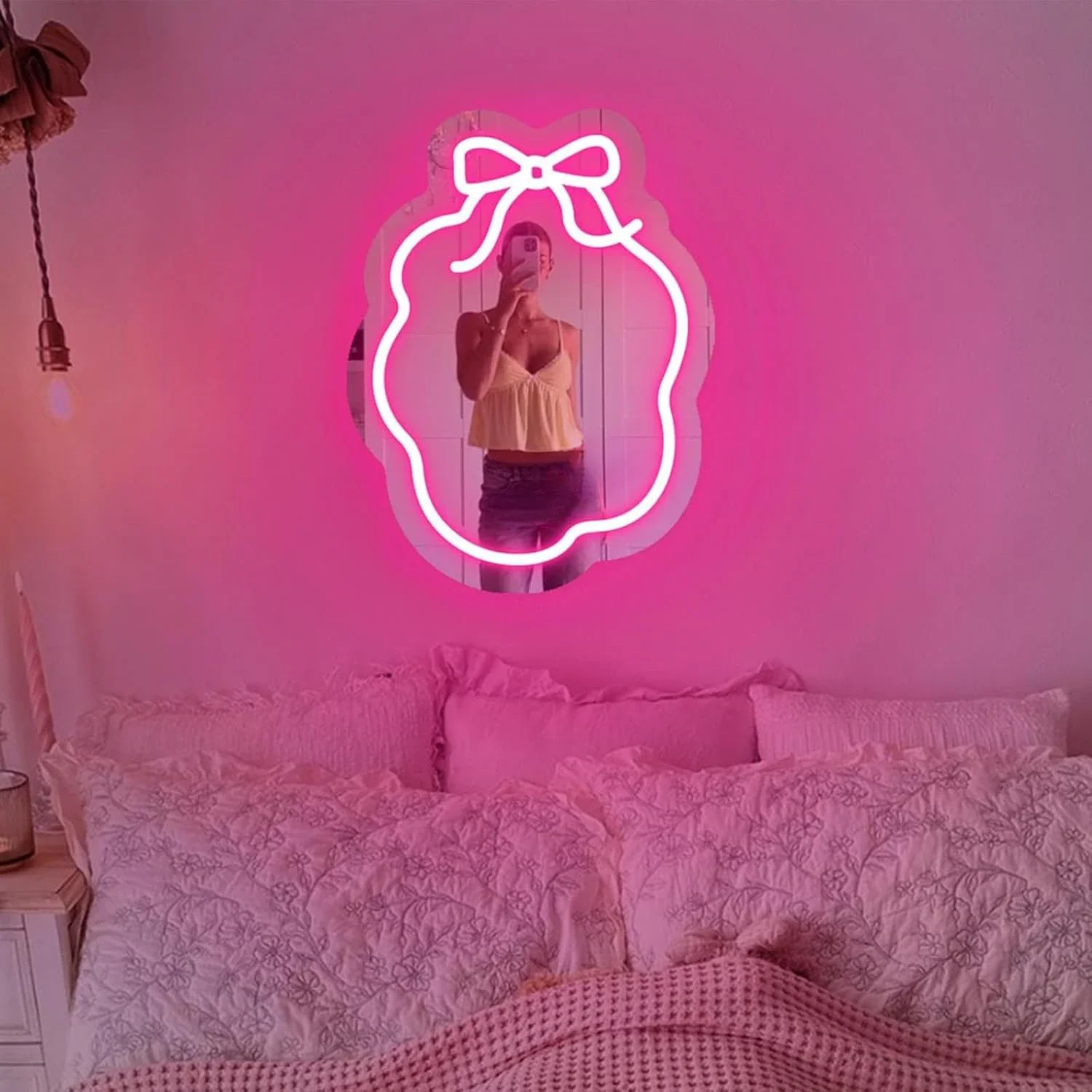 

Bow Neon LED Dimmable Mirror Girl Room Mirror Personalized Bow Wall Art Colors Mirrors Home Decor Salon Bar Makeup Mirror Decor