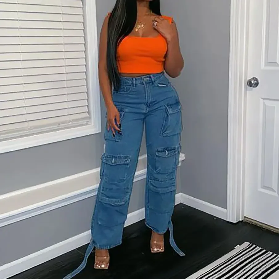 

Women Jeans Washing Denim Patchwork Cargo Pants Pockets Mid Waist Zipper Fly Winter 2025 Slight Strech High Street Loose