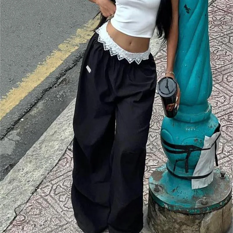 Casual Street Lace Cargo Pants Women Casual Low Waist Trouser 2024 New Arrival Female Design Clothing Autumn Fashion Long Pants