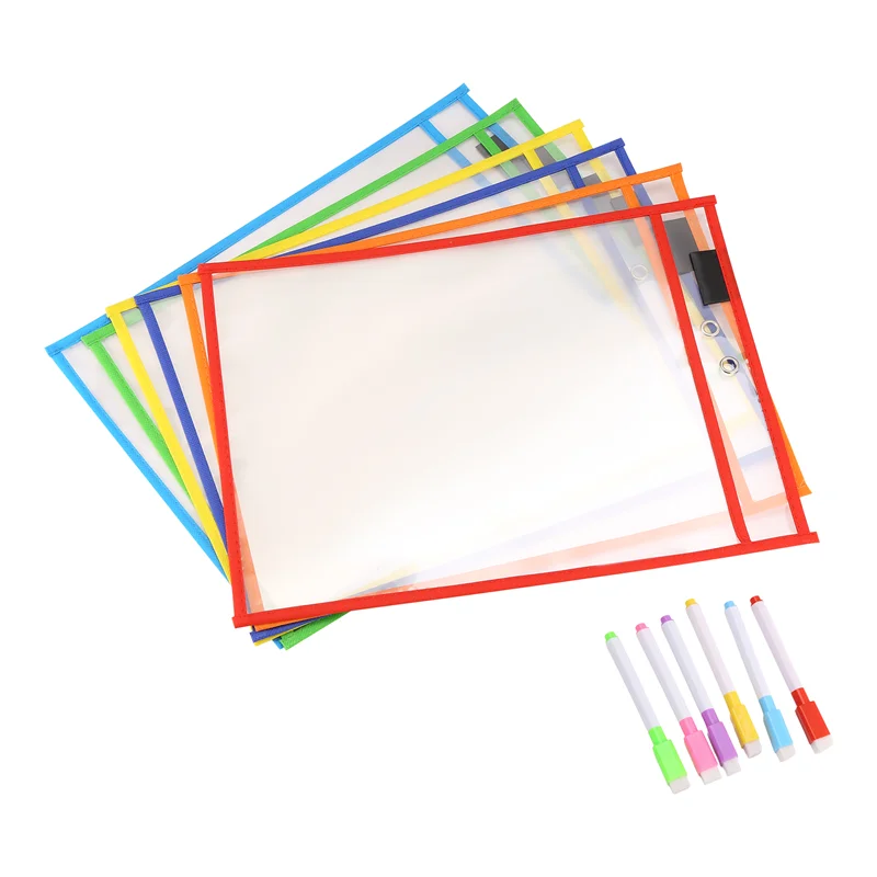 Reusable Dry Erase Pockets, 6 Pack Reusable Dry Erase Sleeves, Assorted Colors Sheet Protector, Dry Erase Pocket Sleeves