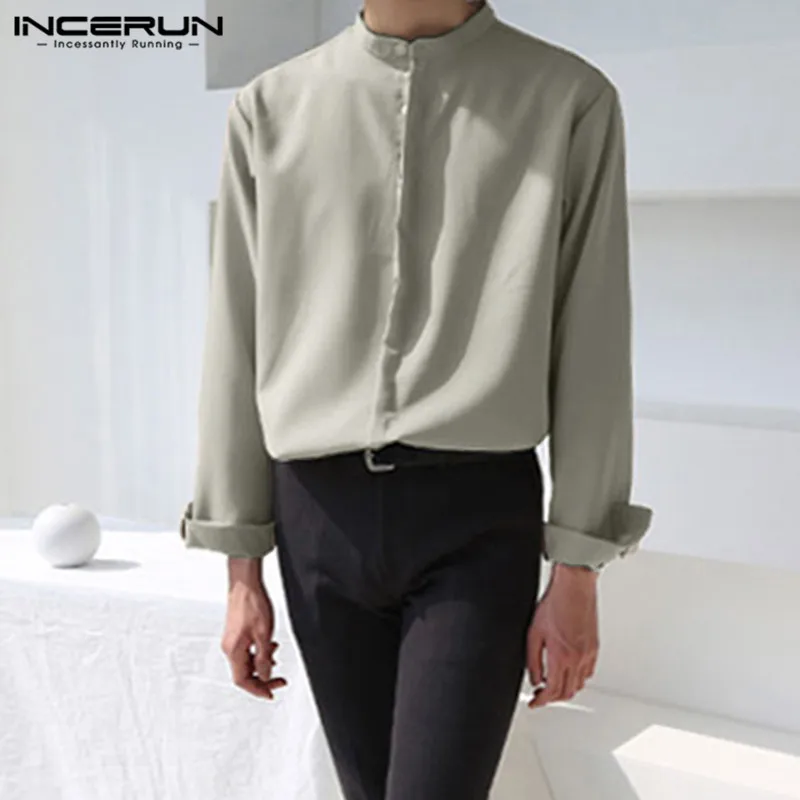 INCERUN 2023 Fashion Men Casual Shirt Streetwear Long Sleeve Stand Collar Button Blouse Korean Solid Color Mens Brand Shirts 5XL