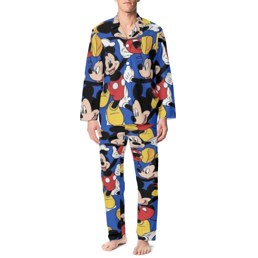 Conjunto de pijama Disney Mickey Mouse com top abotoado confortável e calça elástica, perfeito para homens e mulheres como lounge ou sleepwear