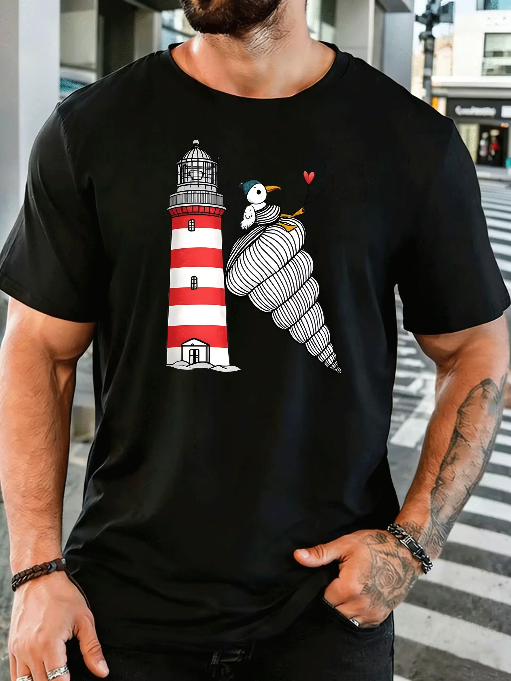 Men Short Sleeve T Shirt Lighthouse Graphic Tee Ocean Seashell Print Tops Summer Soft Cotton Casual Street Wear For Adult Male