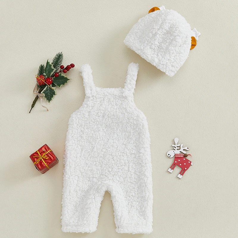 Baby Christmas Romper Set Sleeve Cartoon Elk Furry Jumpsuit with Hat Winter Clothes