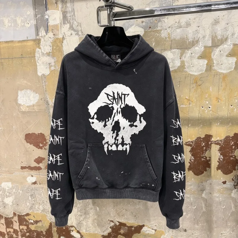 Vintage Washed Black Saint Hoodie Splashing Ink Graffiti SKULL Letter Print Long Sleeve Hood Sweatshirt Men Women Streetwear