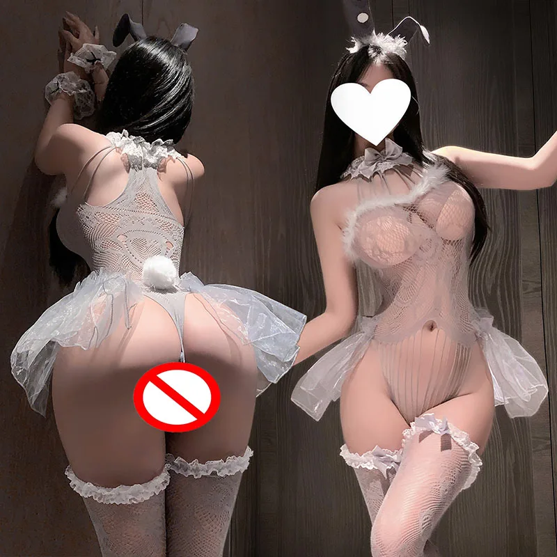 

Erotic Rabbit Bodysuit Lovely Lingerie Nightwear Lace Mesh Open Crotch Jumpsuit See-Through Bunny Girl Cosplay Stocking Uniform