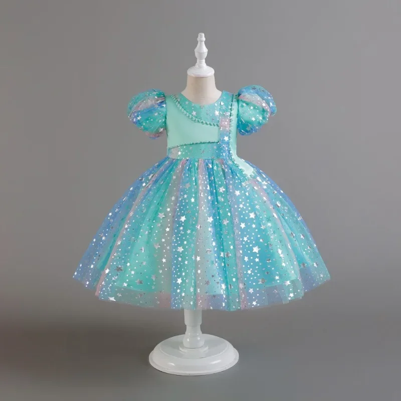 

2023 New Bubble Sleeve Girls Mesh Princess Dress Birthday Piano Show Dress Stars Sequin Children Puffy Dress