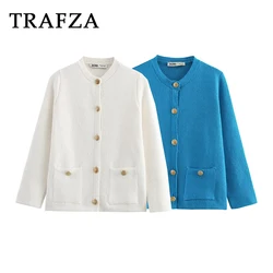 TRAFZA 2024 Women Casual Simplicity Knitted Sweater Single Breasted Cardigan O-Neck Pockets Fashion Vintage Women Sweaters