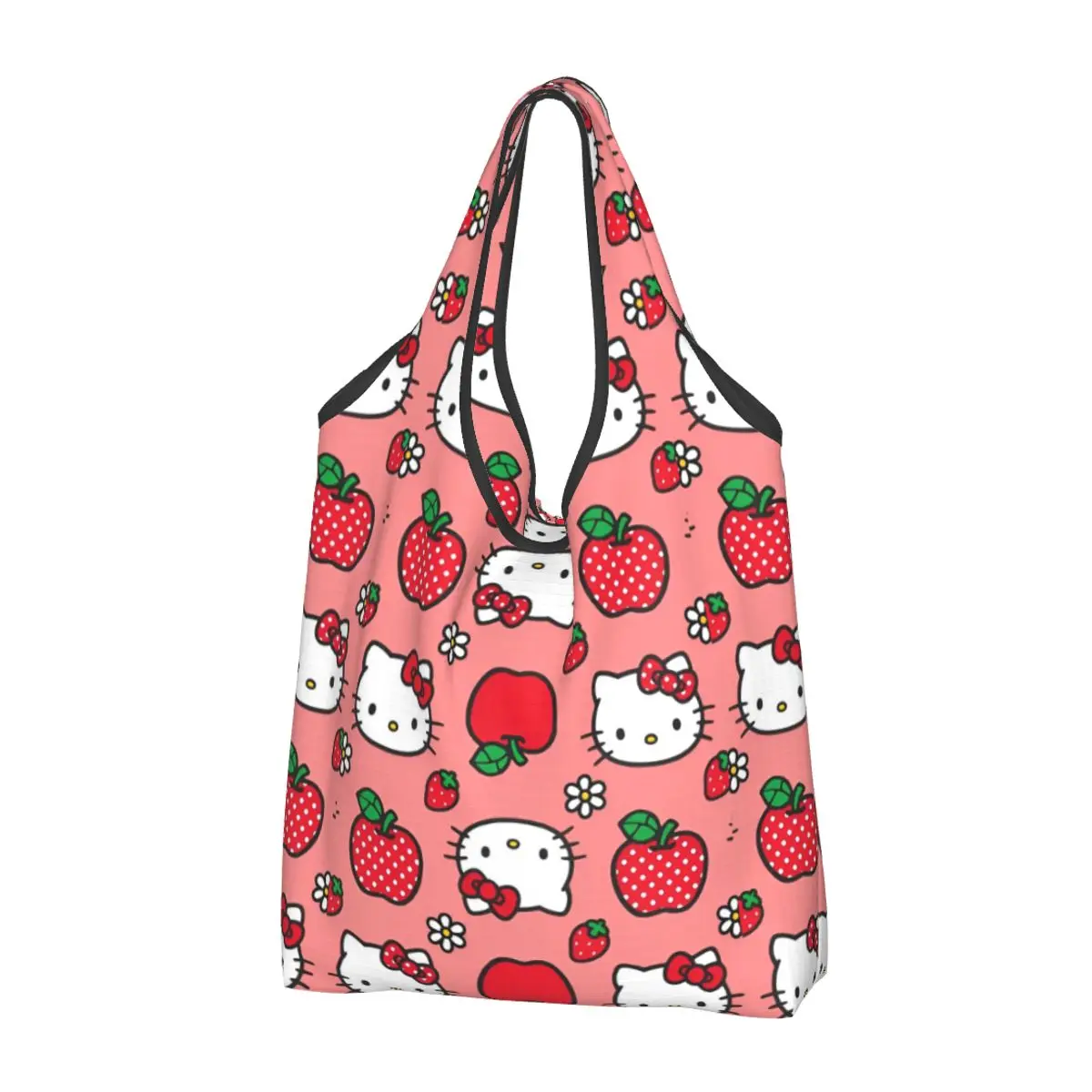 Hello Kitty Apple Strawberry Flower Pattern Shopper Bag Reusable Handbags Polyester Outdoor Tote Bag Ladies Shopping Bags