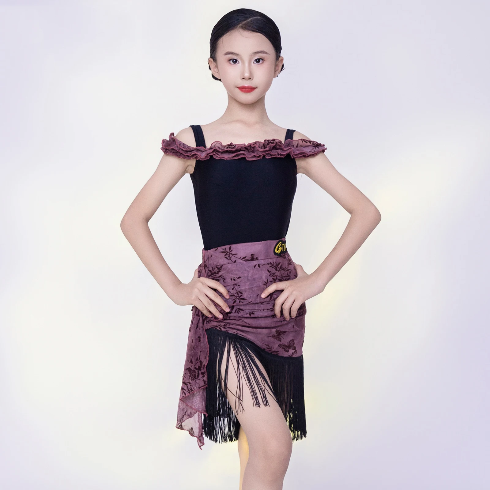 

Purple Split Suit Girls Latin Dance Performance Costumes Tops Skirts Chacha Samba Practice Clothes Competition Wear DQL11038