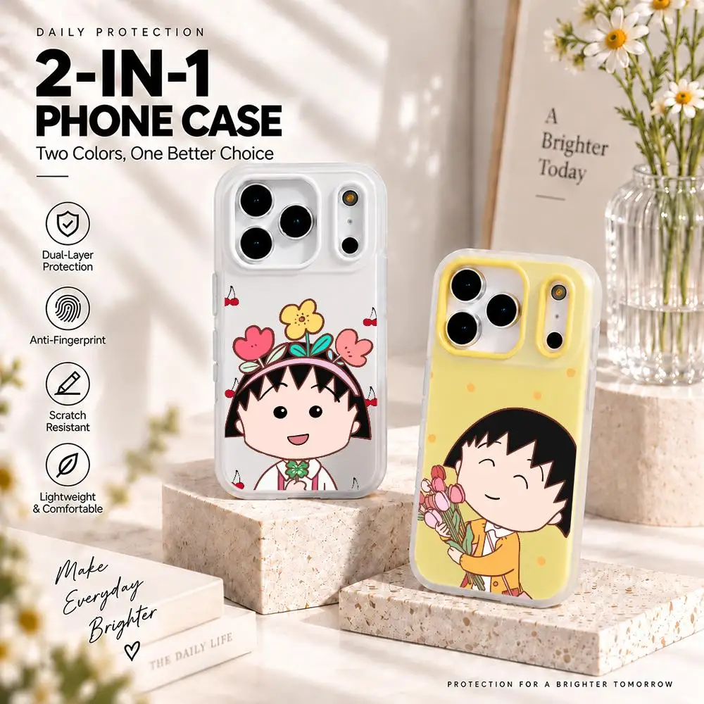 Cute Chibi Maruko Chan Phone Case 2 in 1 Matte Case for iPhone 18 17 16 15 14 Pro Max Shockproof Slim Cover