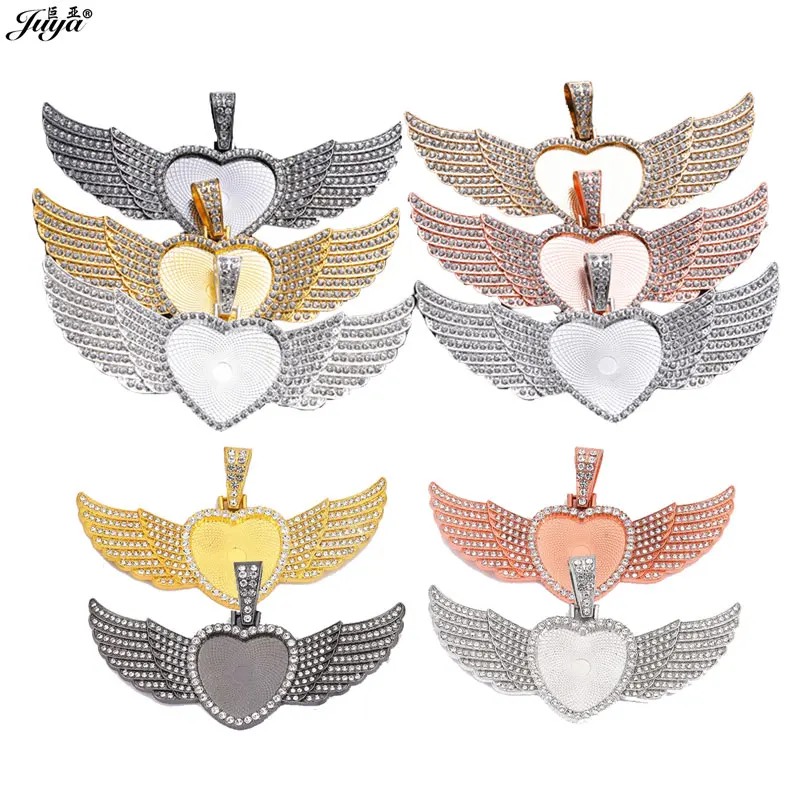 10pcs/lot Wings Pendant Base 25/30mm Heart Cabochon Settings With Zircon Bezels Charms Fit DIY Making Photo Jewelry Accessories