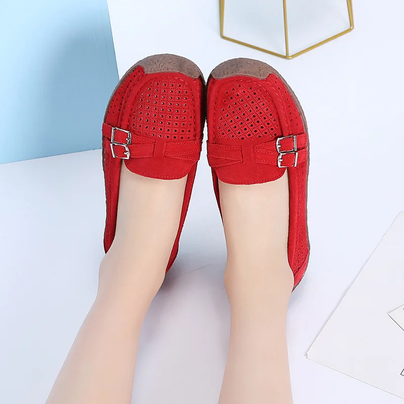Cozy White Hollow Shoes Moccasins Women\'s Genuine Leather Ballet Flats Breathable Loafers Female Mom Soft Casual Driving Sandals