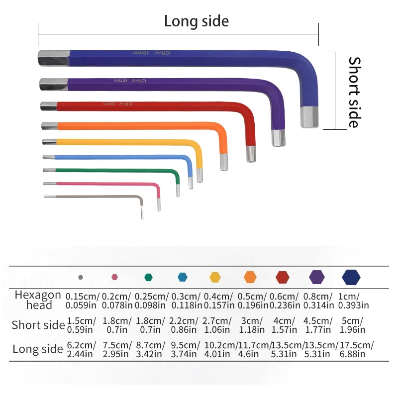Colorful 9-piece medium length flat head hex wrench