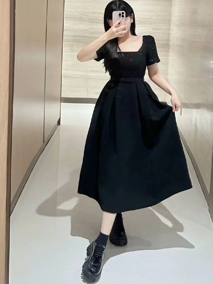 

Elegant Black Splice Dress Square Collar Waist Knot Party Dress Short Sleeve High Waist A-Line Skirt Zipper Back