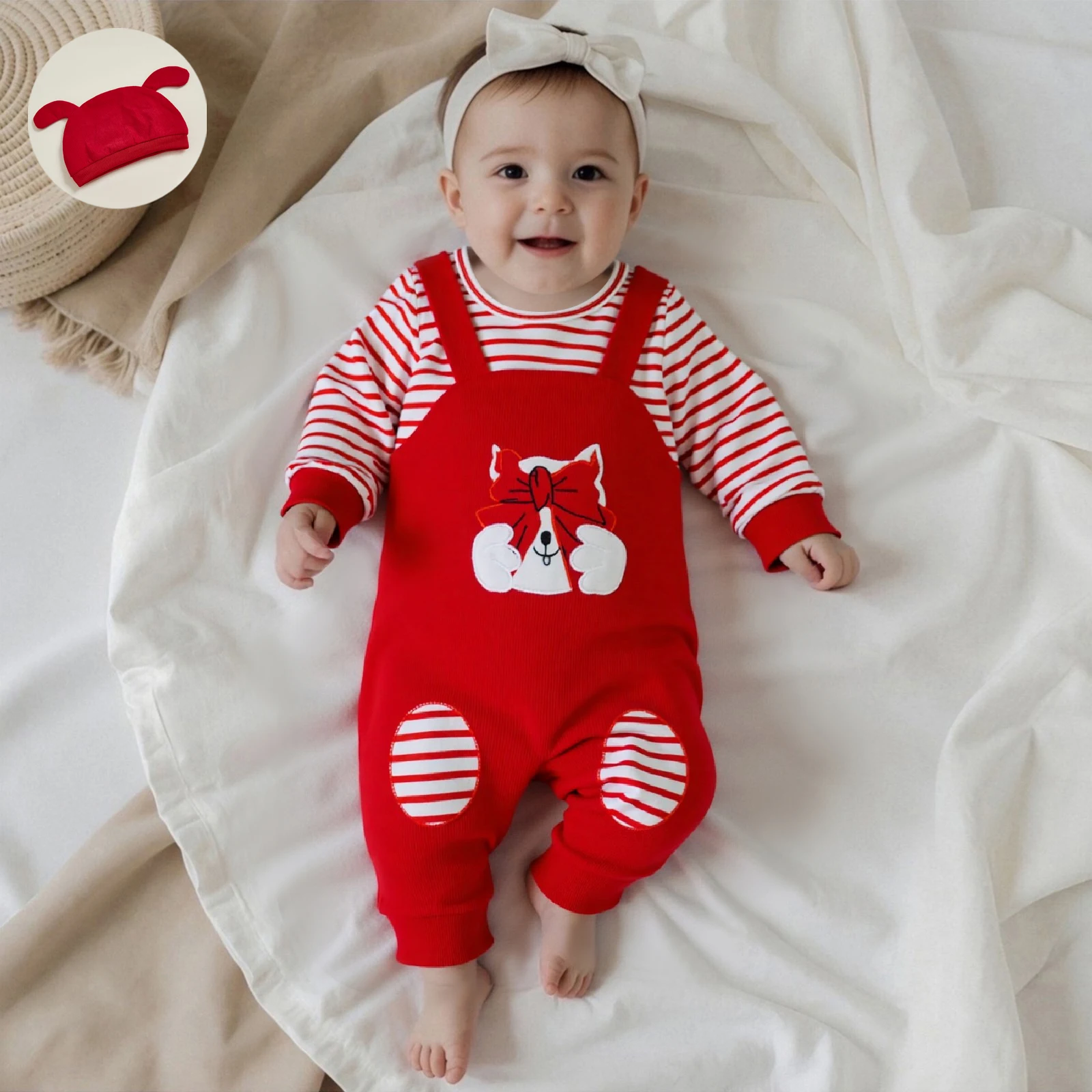 

Newborn Clothes Baby Girl Romper Animal Embroidery Long Sleeve Full Length Striped Jumpsuit with Hat