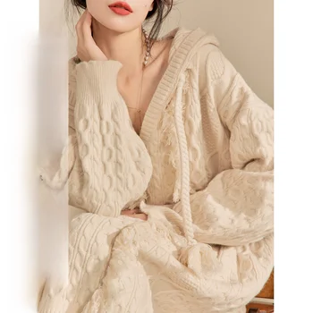 빈티지 하이 엔드 느낌 여성의 긴 드레스 게으른 내부 따뜻한 니트 스웨터 드레스 캐주얼 스타일 기본 레이어 후드 