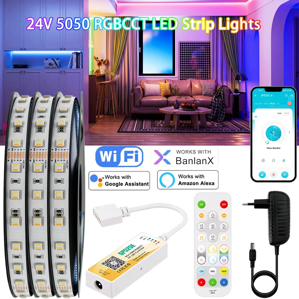 

Светодиодная лента 24В 5М 10М 5050 RGBCCT 5-в-1, 12 мм, 60 светодиодов/м, гибкая, мини, с контроллером Wi-Fi/Bluetooth, для домашнего декора, совместима с Alexa и Google