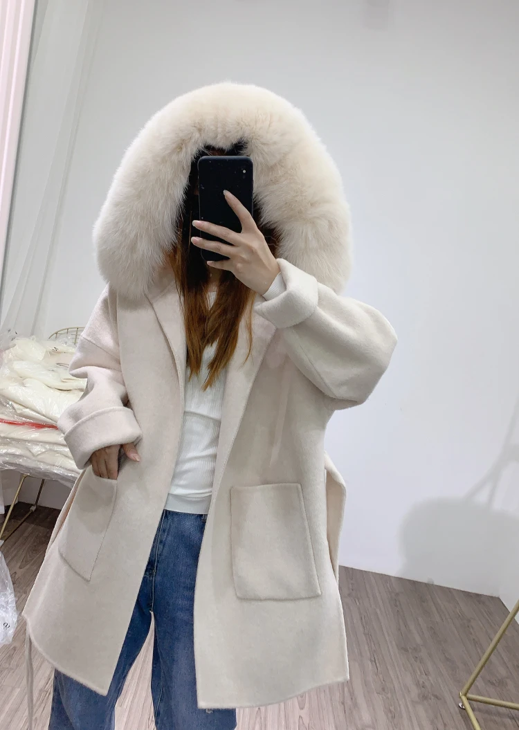 Furshehe Autumn Winter Women Wool Coat With Real Fox Fur Collar Loose Belted Cashmere Coat Ladies Winter Jacket