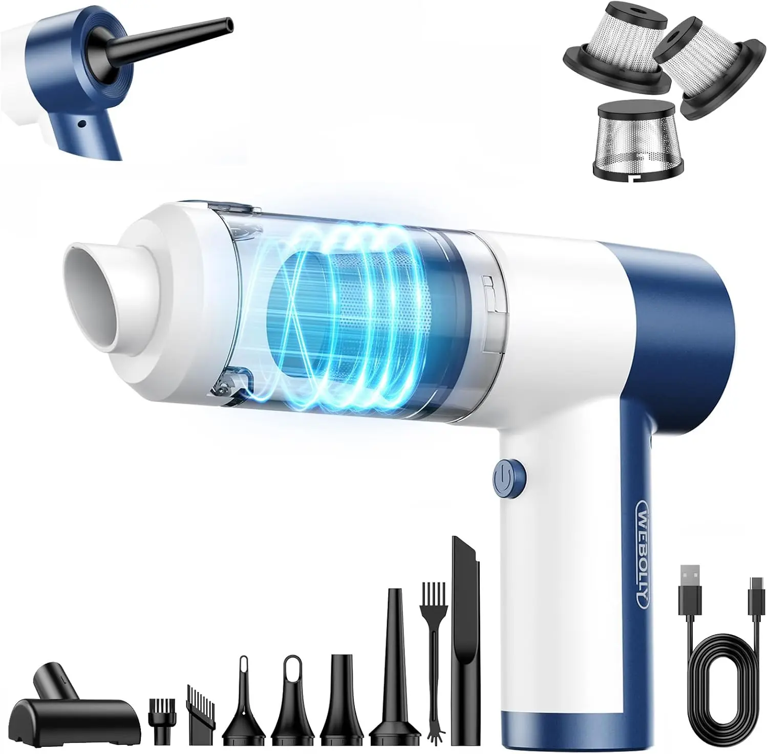

Беспроводной автомобильный пылесос 4-в-1, мощный воздуходув и насос 16000PA, перезаряжаемый ручной пылесос с бесщеточным двигателем